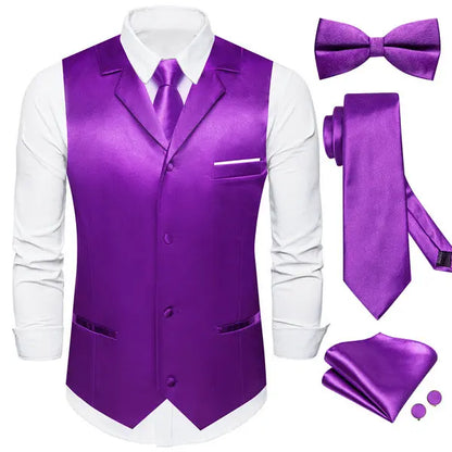 Men's Satin Waistcoat 5-Piece Set with Rose Gold Lapel – Vest, Necktie, Bow Tie, Pocket Square & Cufflinks