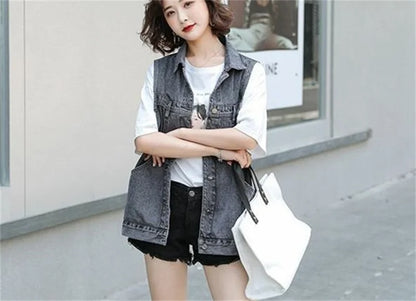 2025 Spring Summer new Fashion V-Neck Denim Vest Women Short Sleeveless Jacket Casual Single-Breasted Jean Waistcoat Female