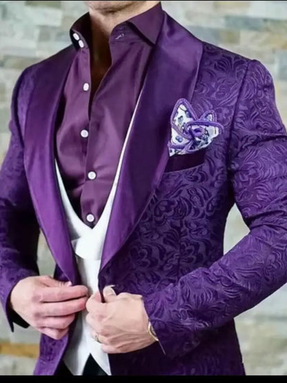Fashion Jacquard Men Suits Shawl Lapel Business Wedding Tuxedos Slim Fit Blazer Vest Pants for Prom Party 3 Pieces Costume Homme