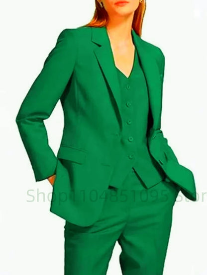Office Ladies Pantsuits Solid Women Business Classic Single Breasted Flared Pants Blazer Vest Pants Three Piece Set Formal Suit