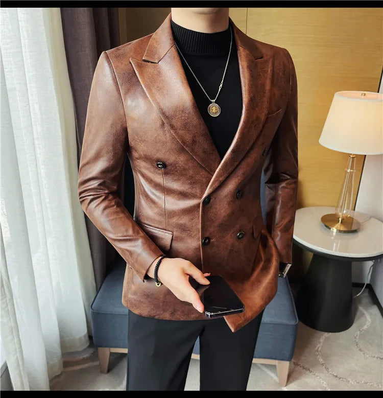 Brand Retro Leather Suit Jacket Men British Style Double Breasted Casual Business Blazers Wedding Groom Party Banquet Jackets