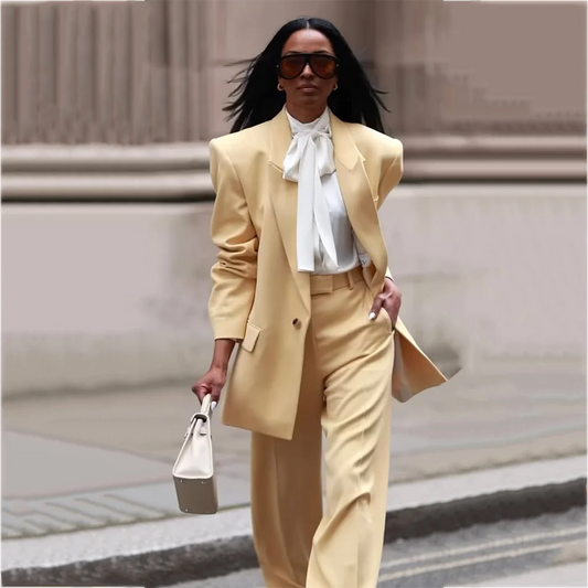 Solid Color Professional Suit For Women Oversized Chic Single Button Peak Lapel Two Pieces Business Outfit Formal Blazer Set