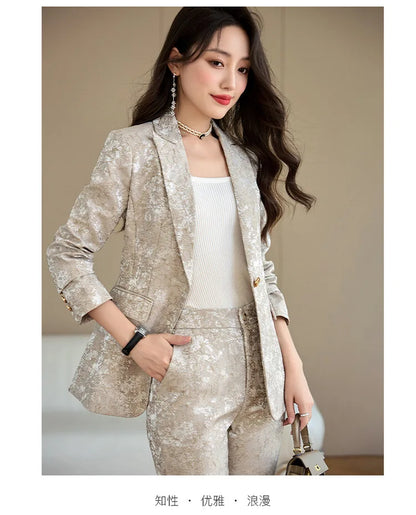 Fashion Apricot Printing Women Pant Suit Elegant Business Office Ladies 2 Piece Set Female Formal Blazer And Trouser