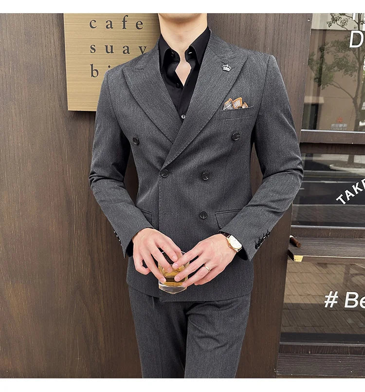 (Blazer + Trousers) Fashion Double Breasted Design Slim Men's Suit Italian Style Luxury Wedding Social Party Tuxedo 2 Piece Set