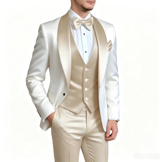 Slim Fit Men's Groom Tuxedo 3-Piece Set Fashion Business Wedding Suit with Shawl Lapel Blazer Vest Pants for Party Prom Outfits