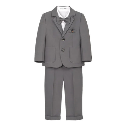 Kids Gray Jacket Vest Pants Bowtie Brooch 5Pieces Performance Costume Boys Formal Wedding Birthday Baptism Blazer Suit