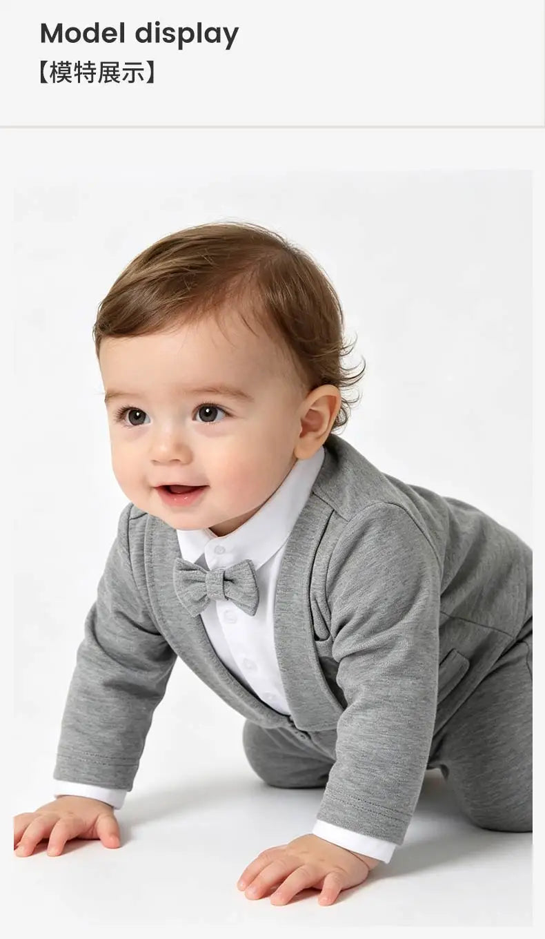 Toddler Baby Boy Black Tuxedo Romper Suit Fake Blazer Long Sleeve Jumpsuit With Bow Tie Wedding Baptism Gentleman Formal Outfit
