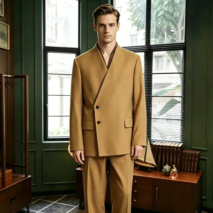 Men's 2-Piece Suit No Lapel Cross V-Neck Loose Blazer & Trousers – Wedding & Formal Occasions