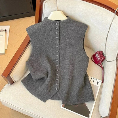 Autumn Winter Ladies Solid Color Knitting Vest Coat Korean Female high-end Stand Collar Sweater Women Fashion Knitted Sleeveless