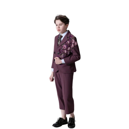 Children's Embroidered Suit Set Flower Boys Wedding Outfit Kids Jacket Vest Pants Tie 4Pieces Birthdy Party Clothes Set