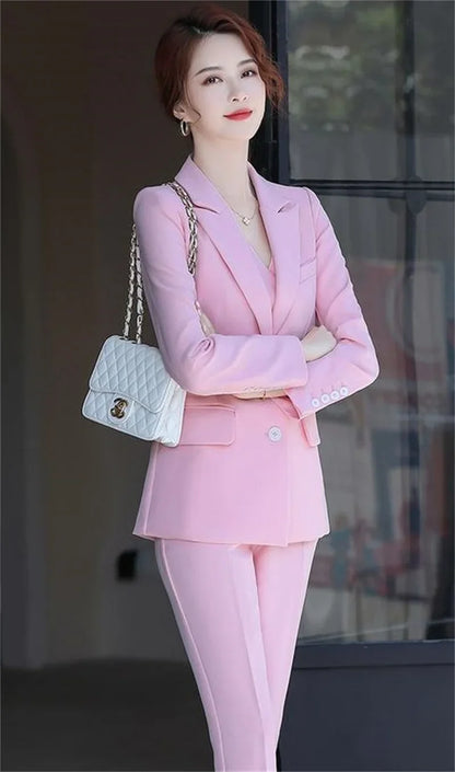 Lady Solid Lapel Blazer Suit Full Sleeve V-neck Single Breasted Straight Leg Pants Suits 2026 Fashion New Office Commute Outfit