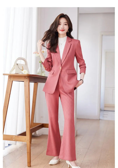 Pink Blue Black Women Pant Suit High Quality 2 Piece Set Office Ladies OL Girl Formal Jacket Blazer And Trousers For Work Wear