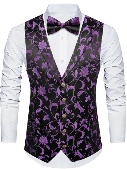 Men's Floral Jacquard Vest Bowtie Set – Pink Wedding Waistcoat for Men