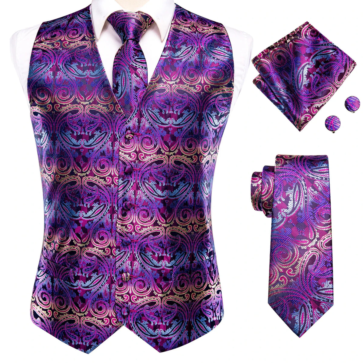 Men's Floral Paisley Vest and Tie Set – Formal Waistcoat with Necktie and Pocket Square for Weddings and Business Events