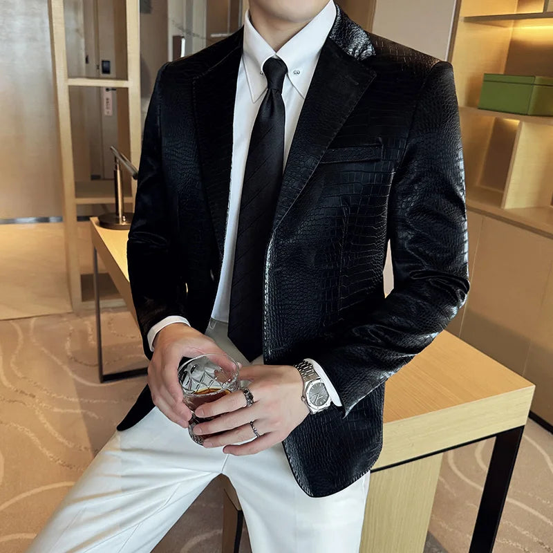 2026 Crocodile Patterned Leather Suit Jacket Men Slim Fit Business Casual Leather Jacket Wedding Groom Party Work Men Blazers