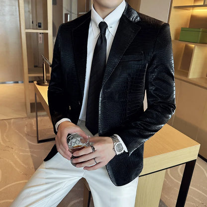 2026 Crocodile Patterned Leather Suit Jacket Men Slim Fit Business Casual Leather Jacket Wedding Groom Party Work Men Blazers