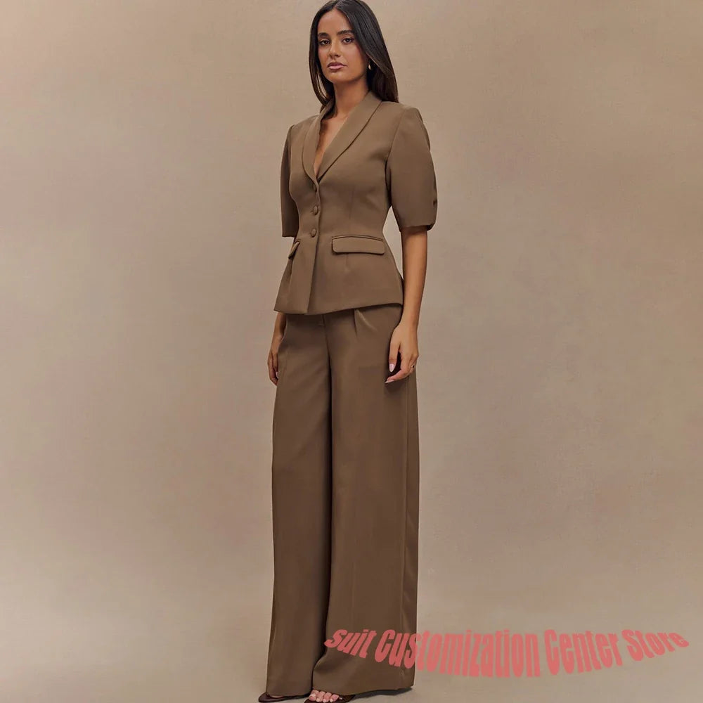 Camel Women's Suits Elegant Office Lady 2Piece Pants Sets with Short-Sleeve Retro Slim Fit Single Breasted Shawl Lapel Jacket