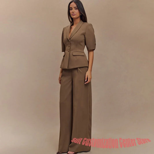 Camel Women's Suits Elegant Office Lady 2Piece Pants Sets with Short-Sleeve Retro Slim Fit Single Breasted Shawl Lapel Jacket