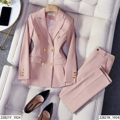 2025 Button Decoration Formal Jacket Blazer and Trouser 2 Piece Set Fashion Pink Green Black Ladies Work Wear Pant Suit Women