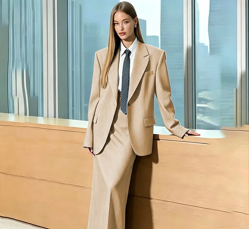 Stylish Gray Pinstripe Woman Clothing Single Breasted 2 Pieces Jacket Maxi Skirt Suit Set Formal Business Office Lady Wear