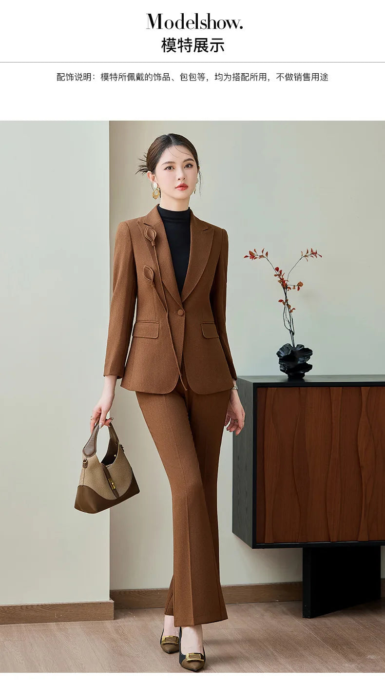 High End Khaki Elegant Fashion Two Piece Set Fashion Women Slim Single Button Blazer And Flare Pant Office Lady Work Wear