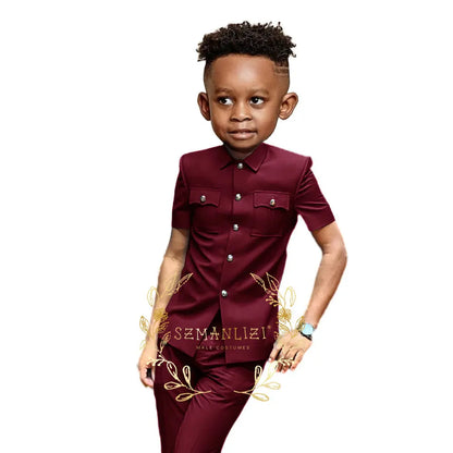 Boys Suit Black 2 Pieces Short Sleeve Party Tuxedo Formal Wedding Kids Clothes Indian Style Blazer Pants 2-16 Years Old