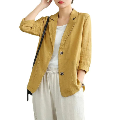 Casual Cotton and Linen Suit Jacket Women 2025 Spring and Summer New Loose solid Long-sleeved Blazer Woman Sunscreen Clothing
