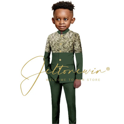 African Style Boys Suit Burgundy Gold Floral Jacket Pants 2 Piece Set Stand Collar Blazer Wedding Tuxedo Kids Formal Party Dress