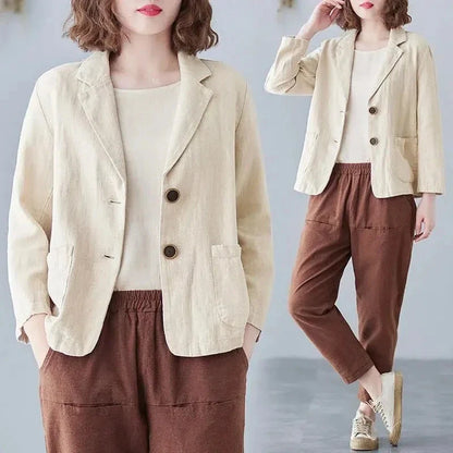 Casual Cotton Linen Short Suit Jacket Women's Spring 2025 Loose Fit Long Sleeve Artistic Large Size Casual Style Top