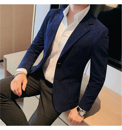 Men's Slim Fit Striped Corduroy Blazer – Smart Casual Single Breasted Suit Jacket