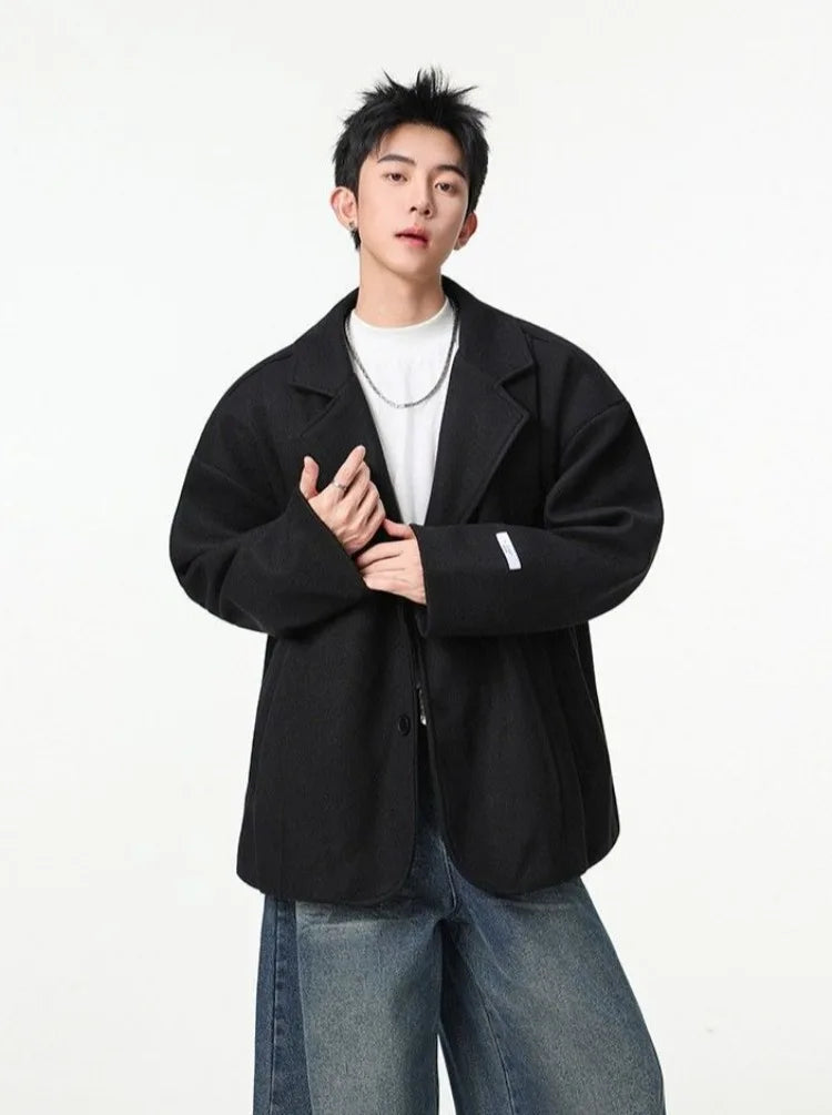 Men's British Style Brown Wool Blend Blazer Korean Loose Lapel Chic Autumn Fashion Suit Jacket