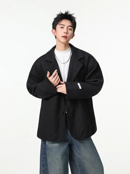 Men's British Style Brown Wool Blend Blazer Korean Loose Lapel Chic Autumn Fashion Suit Jacket
