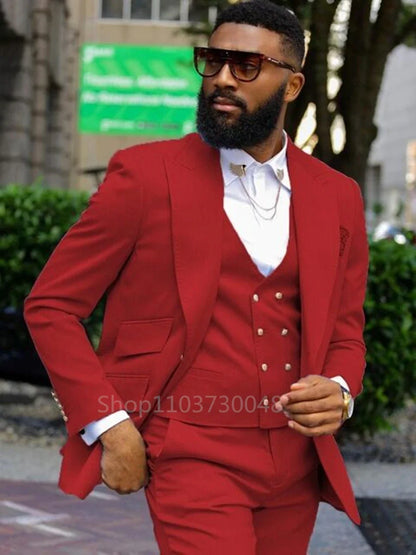 Formal Solid Men 3 Piece Wedding Suit Groom Tuxedo Slim Fit Peak Lapel Jacket Business/Wedding Suit Sets(Blazer+Pants+Vest)