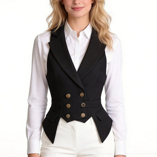 Women's Double-Breasted Steampunk Vest Black Sleeveless V-Neck Formal Tuxedo Style Victorian Waistcoat with Buttons