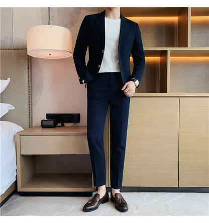 2025 New Waffle Blazers +Pant 2 Piece Set Men Fashion Business Slim Fit Solid Tuxedo Groom Wedding Prom Wear Casual Men's Sets