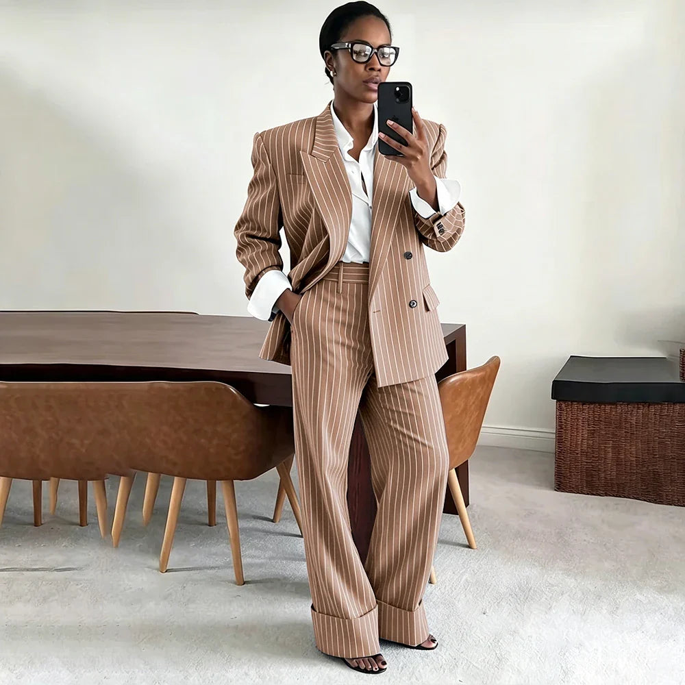 Neutral Gray Pinstripe Oversized Matching Sets Double Breasted Women's Suit Casual Formal 2-Piece(Jacket+Pants) Office Set