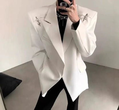 Men's Premium Korean Style Single-Breasted Casual Blazer Set Autumn Trendy Split-Design Loose Fit Elegant Jacket Outerwear