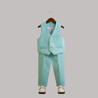 Kid Light Green 5Pieces Suit Set With Jacket Vest Pants Bowtie Brooch Boys Wedding Birthday Party Piano Performance Costume
