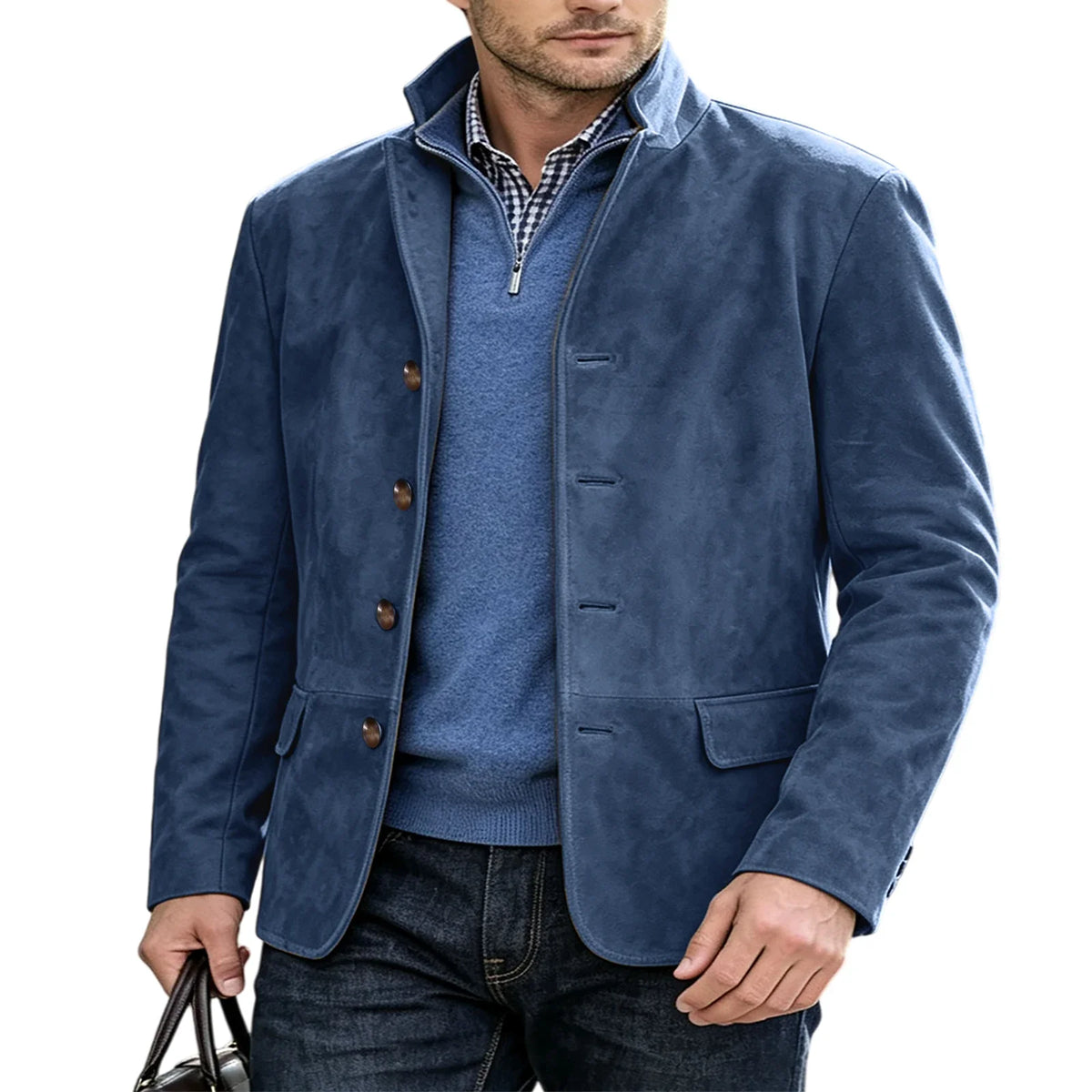 Men's Suede Blazer Single Breasted Slim Fit Classic Stand Collar Suit Jacket for Weddings & Daily Wear