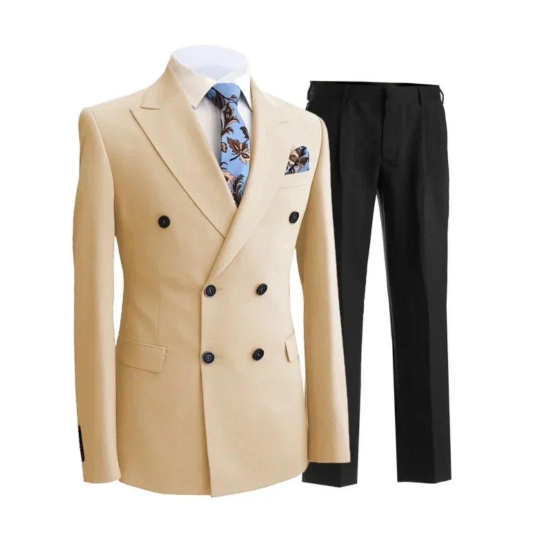 Men Suit 2 Pieces White Double Breasted Peak Lapel Formal For Wedding Groom Banquet Party Business Work Jacket And Black Pants