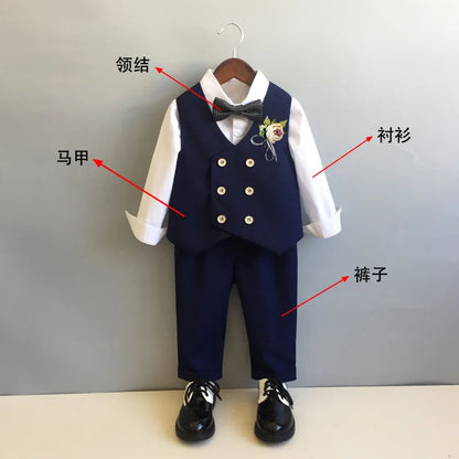 Children Formal Tuxedo Suit Flower Boys Wedding Dress Kids 1 Year Birhtday Photograph Suit Children Performance Party Costume
