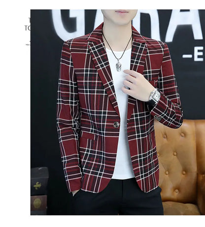 Spring Autumn 2024 Casual Checkered Slim Fit Men's Suit Jacket Korean Style Fashion Handsome Young Men's Clothing