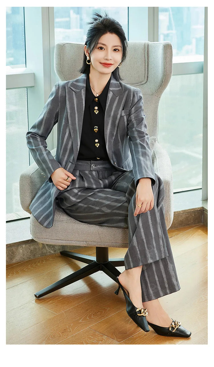 Fashion Autumn Winter Ladies Pant Suit Women Striped Female Business Work Wear Jacket Blazer and Trouser Formal 2 Piece Set