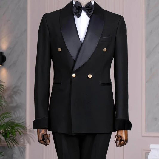 Men Suit 2 Pieces Black Double Button With Bright Lapel For Wedding Banquet Party Prom Banquet Business Work Jacket And Pants