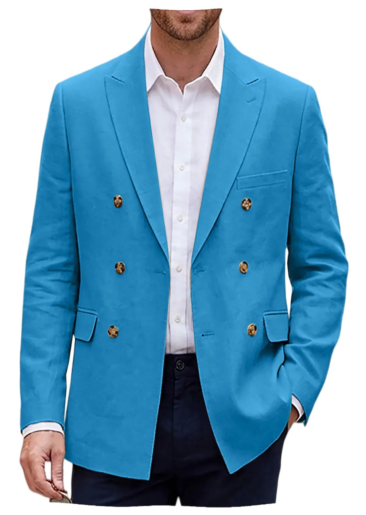 Men's Linen Blazer Notch Lapel Double Breasted Loose Fit Jacket Breathable Lightweight Business Outerwear Coat for Spring Summer