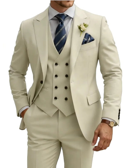 New Premium Solid Suit Set 3 Pieces Banquet Party Wear Handsome Peak Lapel Slim Fit Suits Wedding Groom Sets Plus Size Tuxedo