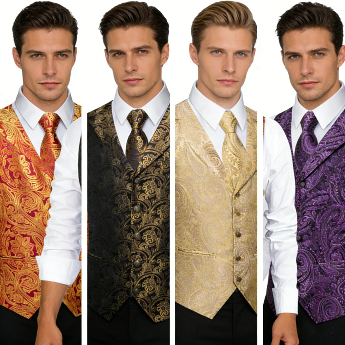 Men's Paisley Waistcoat Vest with Tie Hanky Cufflinks Set for Wedding and Banquet