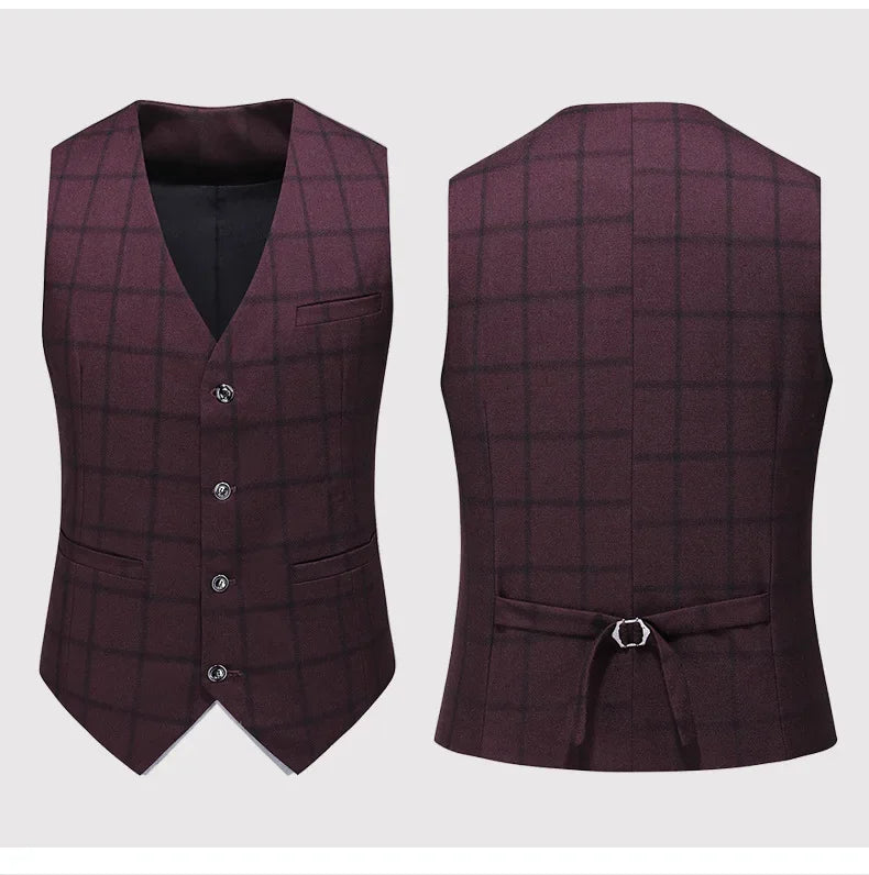 Men's Suit Set – Blazer, Vest & Trousers – British Grid Smart Casual for Business & Weddings