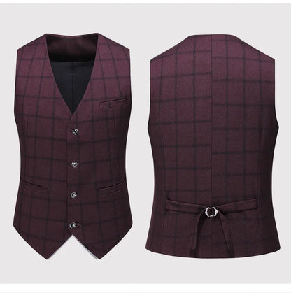 Men's Suit Set – Blazer, Vest & Trousers – British Grid Smart Casual for Business & Weddings