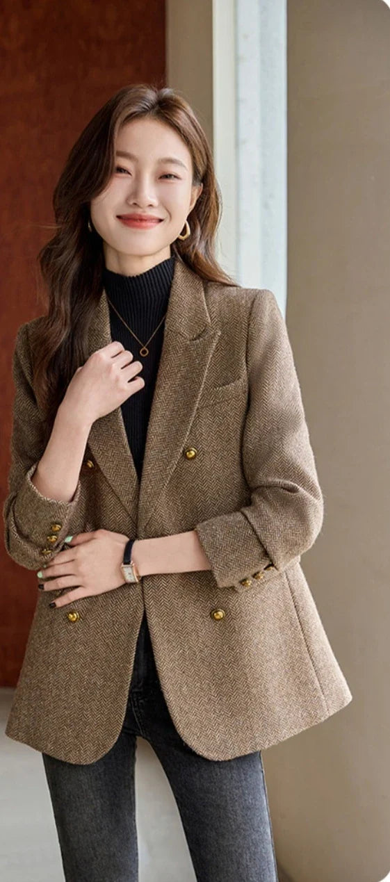 Fashion Grey Blazer Women Coffee Long Sleeve Casual Jacket for Autumn Winter Female Coats Double-Breasted Suit Women’s Clothing